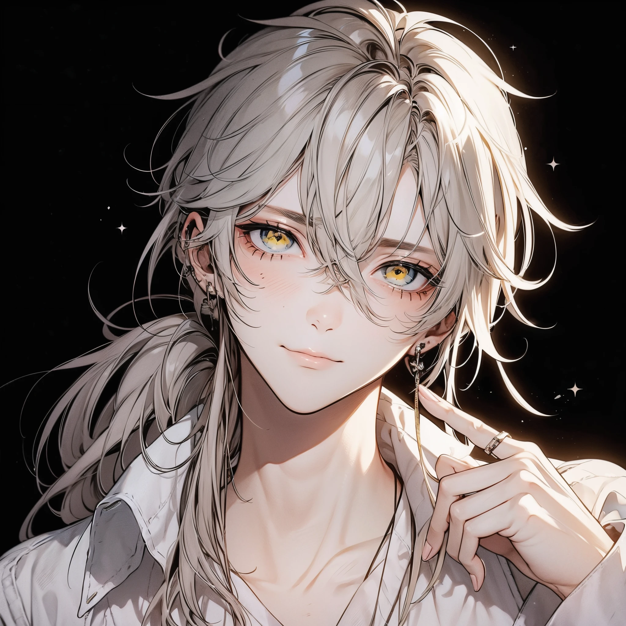 Rin々Shishi Face、Smile, Beautiful young man, Silver hair, Yellow eyes, Long hair, Low ponytail, White shirt, cut out the eyes, Handsome, touch one cheek, Front view, Black background, Shoulder level,High quality, amount of drawing, pixiv illustration