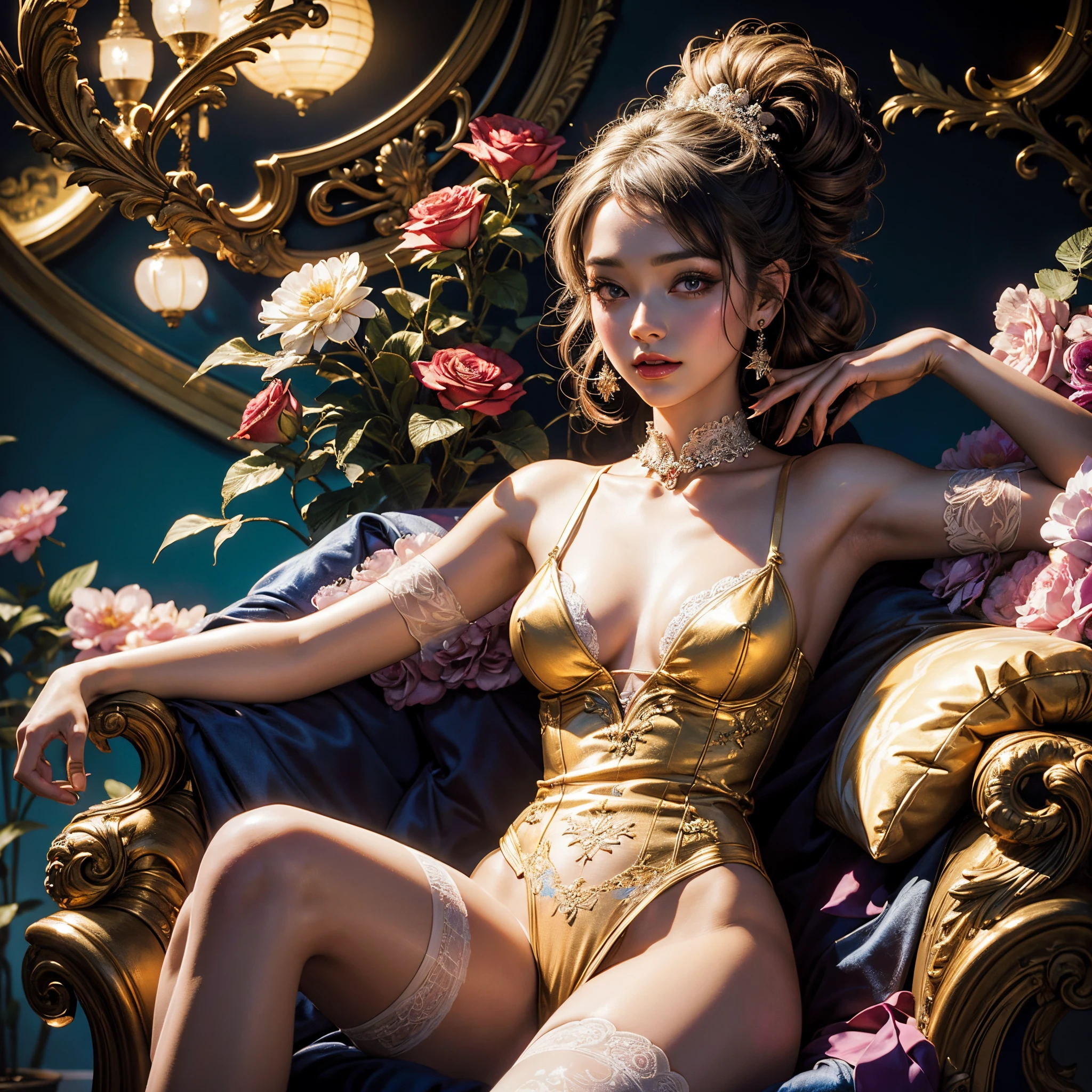 chiaroscuro technique on illustration of an elegant , retro and vintage ,silky flower around body, matte painting, by Hannah Dale, by Harumi Hironaka, extremely soft colors, vibrant, pastel, highly detailed, digital artwork, high contrast, dramatic, refined, tonal, golden ratio, (beautiful , lingerie, stockings, gloves, seductive)