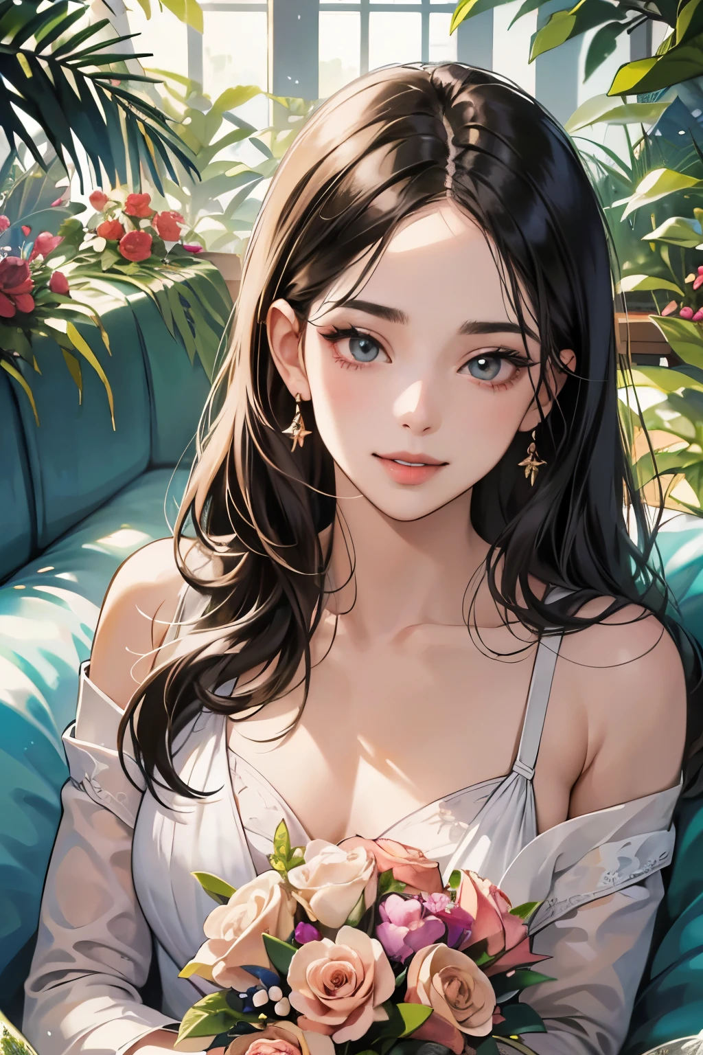 (masutepiece, Digital Art, Digital Illustration, 4K, 8K, Ultra-detailed, beautiful image, Sharp Image, Photorealistic, Raw photo, Perfect face, Perfect lines, Perfect eyes, Soft lighting) ,1 woman, (Long Black Hair,straight haired,Bullish gaze,Beautie,ellegance,Solid makeup,23 y-o woman,small tits:1.3),Two handsome men in suits, (ember,well-muscled,Firm shoulder width, Man's,Boyish hairstyle,English gentlemanly style,Man in his 30s with a cool expression,28-year-old man with bright smile:1.2),Show white teeth and smile(embarrassed from,Shy smile:1.1),A garden full of light、The fountain、Resort Sofa、colorful flower、innocent smiles,Laugh、couple kissing、kiss、the kiss、Romance、Mermaid line wedding dress rose bouquet、