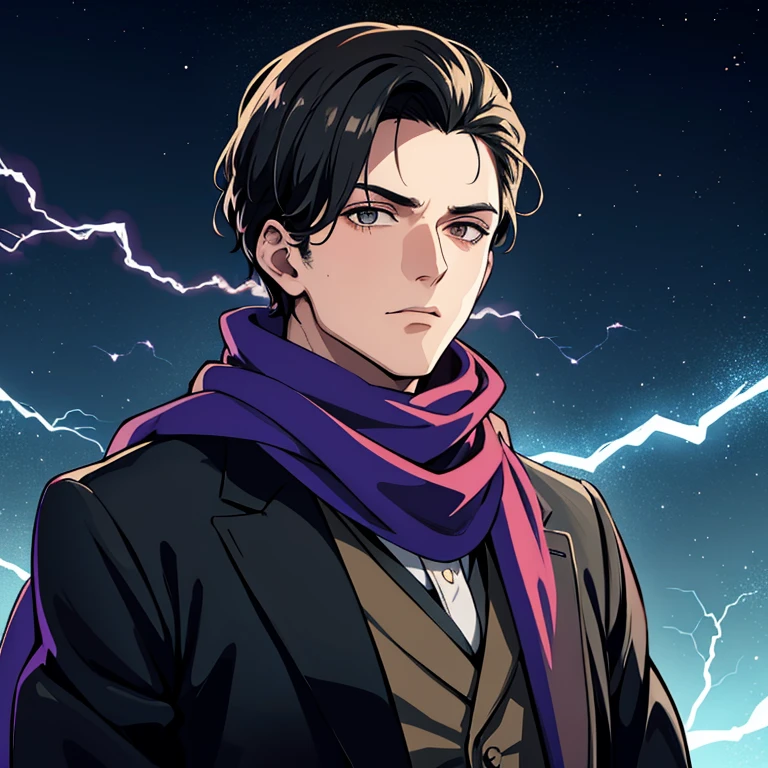 (masterpiece:1.2), 1boy, mafia theme, 1900, mafia man, scarf, solo, looking at viewer, Upper body, sky, Best quality, upper brush scheme, dreamy, mystic, Fog, Electric, Electricity, sparks,