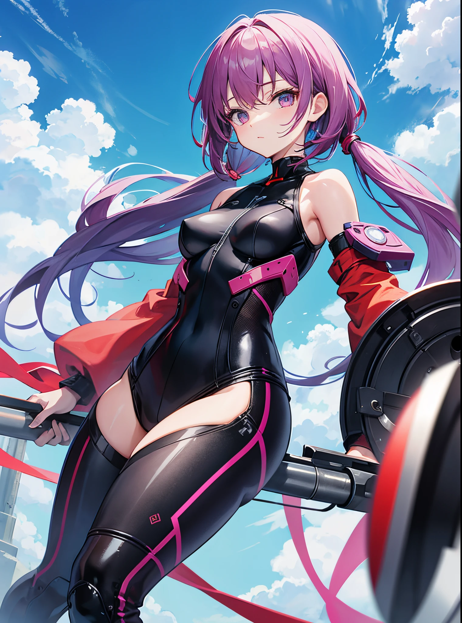 Japanese_anime_style,1loli,girl,very_messy_short_twintail, light_purple_hair,black_mechanical_armor_parts,body_suit,bare_shoulder,bare_thighs,small_breasts,floating,in_sky_background,half_eyes,dynamic_posing,fighting,