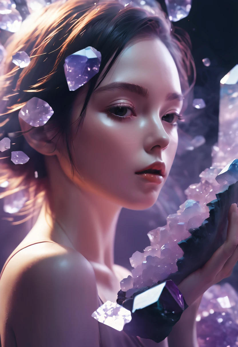 Girl in amethyst geode,hyper realisitc,(multiple exposure:1.5)