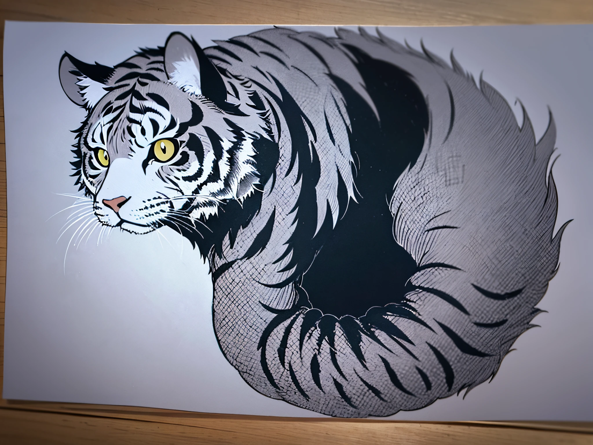 Tiger head and snake tail, Black ink rough sketch, black ink on white , painted on , Intricate brushwork details, black ink outline, ink lines, Ink painting and watercolor, black ink painting, Black ink line art, Ink sketch, thick line ink, ink lines, black ink outline, ink wash style, black ink illustration