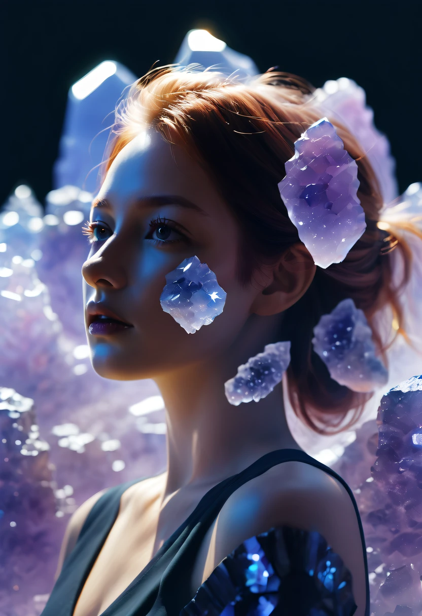 Girl in amethyst geode,hyper realisitc,(multiple exposure:1.5)