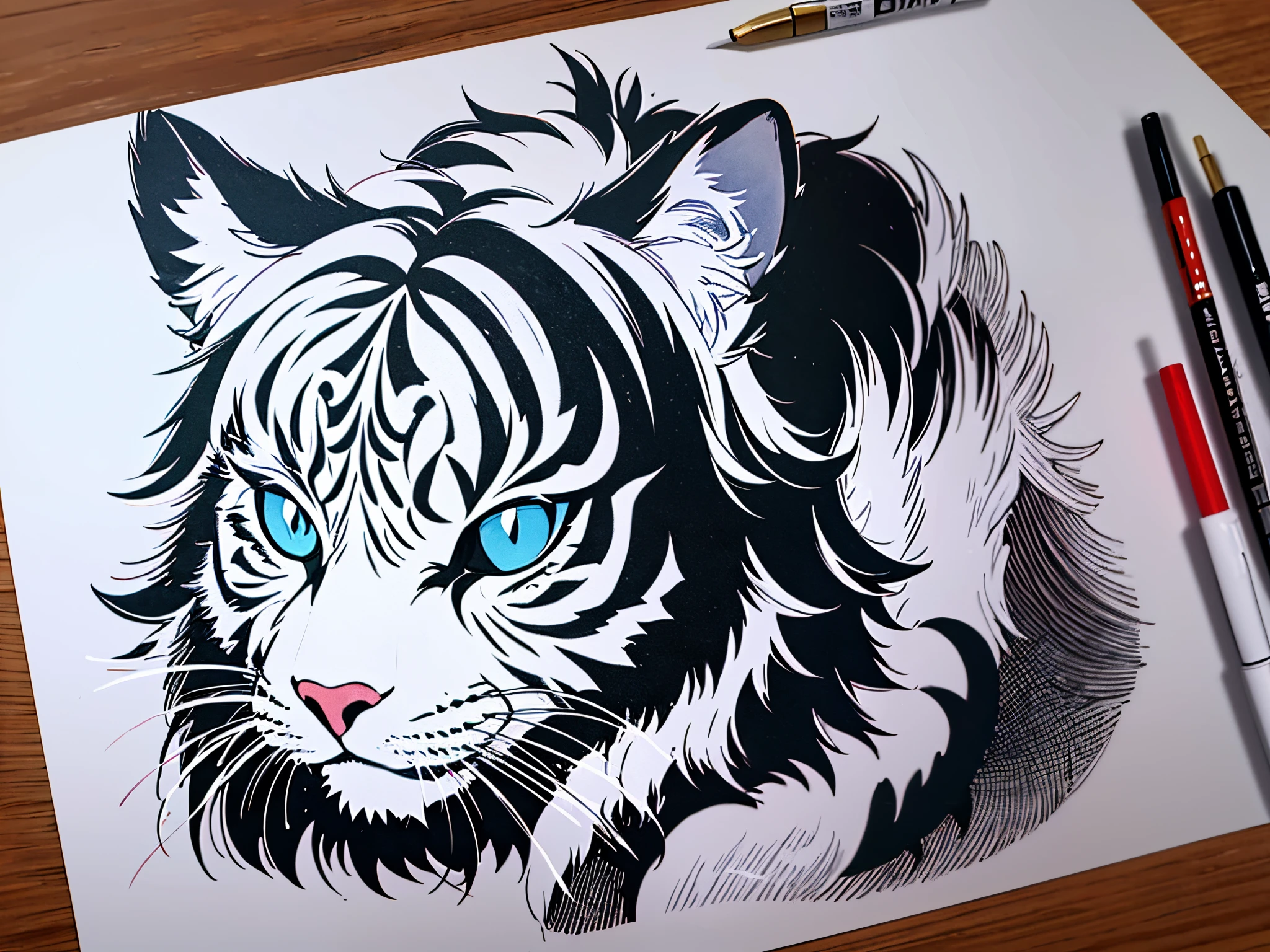 Tiger head and snake tail, Black ink rough sketch, black ink on white , painted on , Intricate brushwork details, black ink outline, ink lines, Ink painting and watercolor, black ink painting, Black ink line art, Ink sketch, thick line ink, ink lines, black ink outline, ink wash style, black ink illustration
