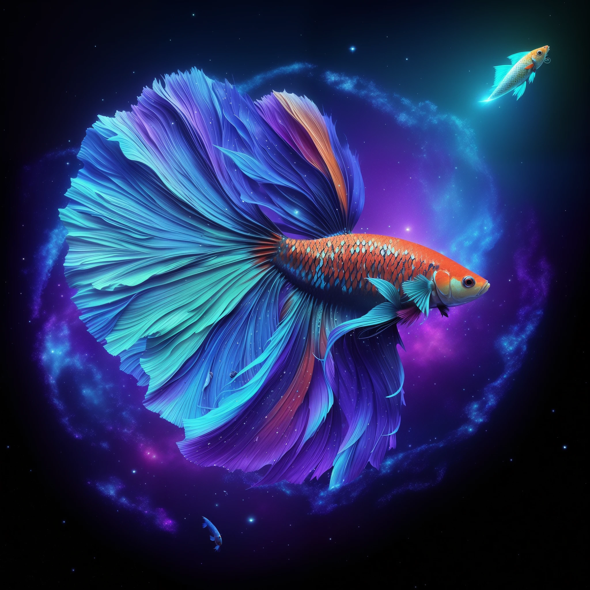 a close up of a fish with a galaxy background, betta fish, koi fish floating in space, beautiful digital artwork, amazing space creature 4 k, surrealistic digital artwork, amazing digital art, 4k highly detailed digital art, breathtaking digital art, beeple. hyperrealism, amazing wallpaper, colorfull digital fantasy art, beautiful digital art, gorgeous digital art