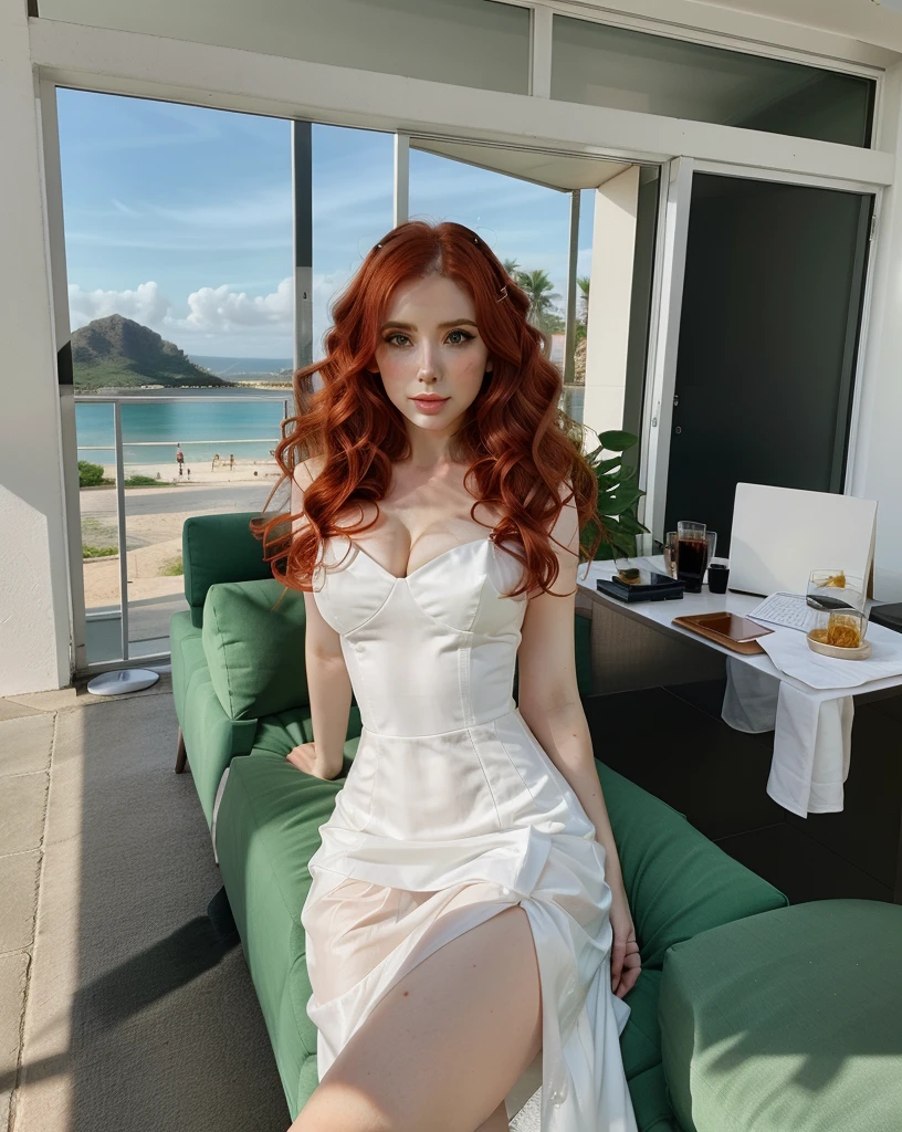 Arafa woman in a white dress sitting on a green sofa, Amouranth, mais conhecido como Amouranth, jovem Amouranth bonito, com cabelos ruivos cacheados, Deusa dos cabelos ruivos, Redhead Girl, pale skin curly blond hair, mulher ruiva bonita, mulher ruiva, amouranth as a super villain, Belo Thorne, red head, com longos cabelos ruivos
