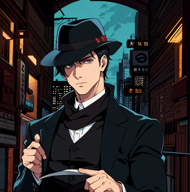 highest quality, (anime style 1), man, 30 years old, very short hair, White shirt, Gray trousers, gray coat, gray fedora hat, stands near the restaurant, smokes a cigarette, rain, night, USA, 1929 year, no alcohol law