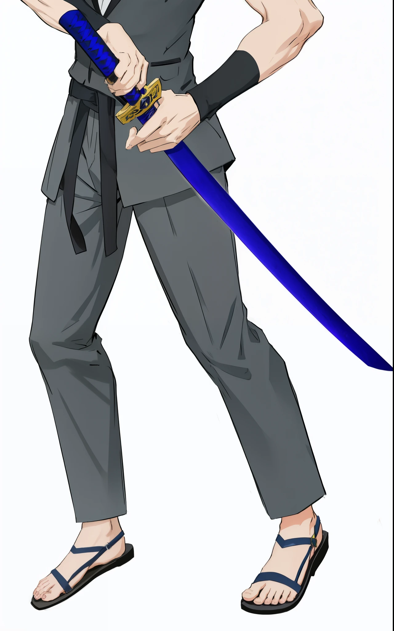 anime character with a sword and a suit on, dramatic wielding katana pose, holding katana, tall anime guy, holding a katana, holding a blue covered katana, with black sandals