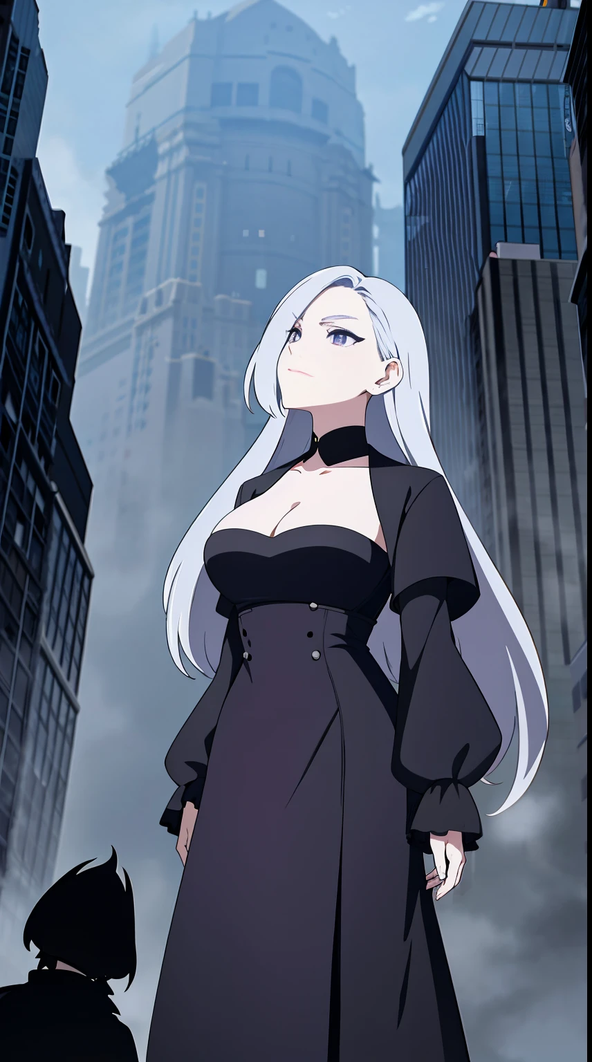 ((tmasterpiece:1.4, Best quality at best))+, (hyper-detailing)+, (delicate purple eyes:1.5)+, (Detailed ears:1.5), (cute girls), (The shirt,white stockinglack long dress:1.5), Tight white silk, Long hair details, long braid,no headwear,(Black flowers:1.2), pale-skinned, (Yellow cloth:1.5), (Black Martin boots:1.4), old castle,Surrounded by huge black trees, The whole city shrouded in thick fog,Mechanicalweapon, Slim pants ,Huge ruins,Giant black crystals are scattered throughout the city,Looking up at tall buildings from the street,Flying dust,(hunters:1.1), (dawn light:1.2), ), (closeup cleavage:1.1), the only person, bell, Bright gray hair, hair covering one eye, V-shaped eyebrows, Gloom (Expressing the), from back, from below, Best quality at best, A high resolution, high detal, high high quality, 16k