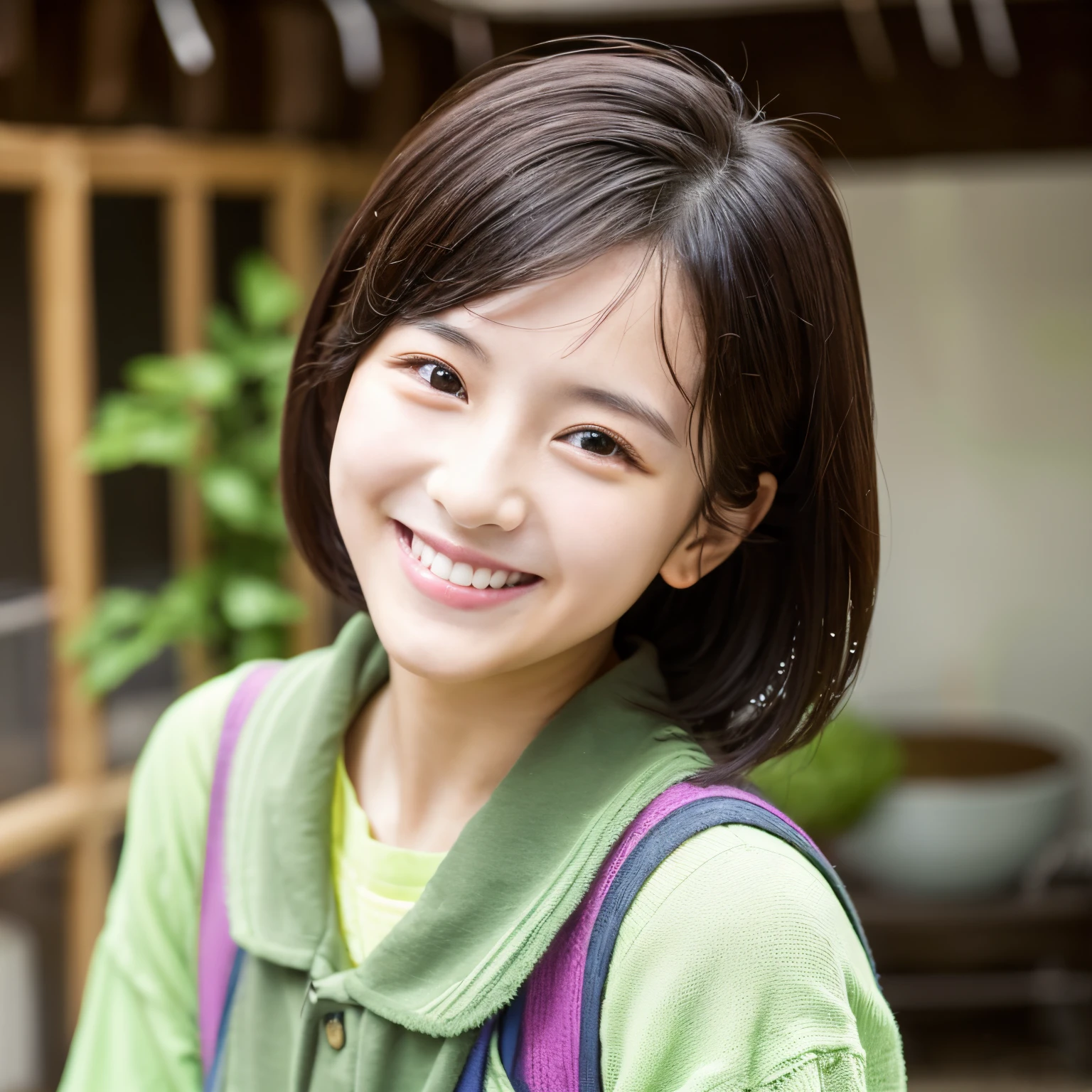 a beauty girl、dual、short-cut、perspiring、lightly dressed、Wet、a smile、inside the house
