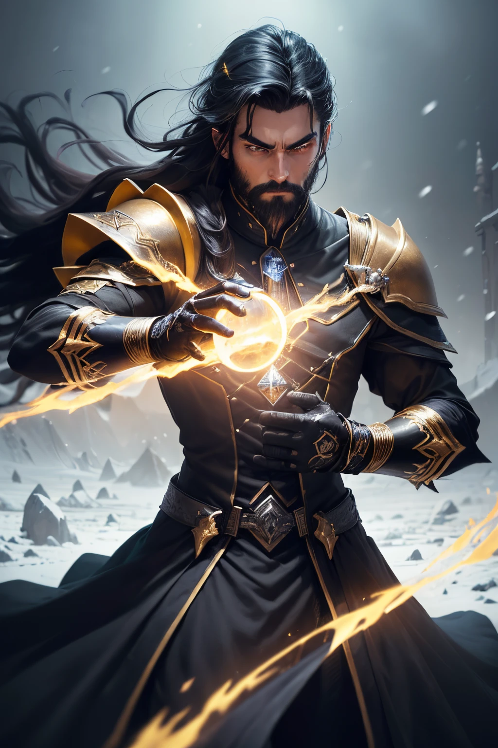 ((ultra quality)), ((tmasterpiece)), male battle mage, A Necromancer, (Black, hairlong), (has a short black beard), (Beautiful manly face), (is looking at the camera, ((Skin color: white)), ((light yellow eyes glow)), (Male figure), ((Subtle and beautiful)), stands in an epic fighting stance (closeup face), (fantasy, dressed in black clothes of a necromancer magician, black shoulder pads glow yellow), background: Ice Desert, snowing, ((Depth of field)), ((high quality clear image)), (crisp details), ((higly detailed)), Realistic, Professional Photo Session, ((Clear Focus))
