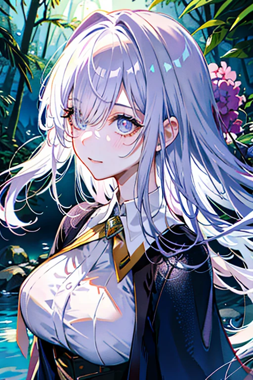 (best quality, detailed background, highres, absurdres, bloom, disheveled hair, shiny hair, exposed in lighting, bright pupils, dedicated detailed eyes),
1girl, earpiece, long hair, silver hair, large_breasts, arms behind back, daytime, outdoors, forest, water, creeks,
hair_ornament, (hair over one eye),  upper body, portrait,