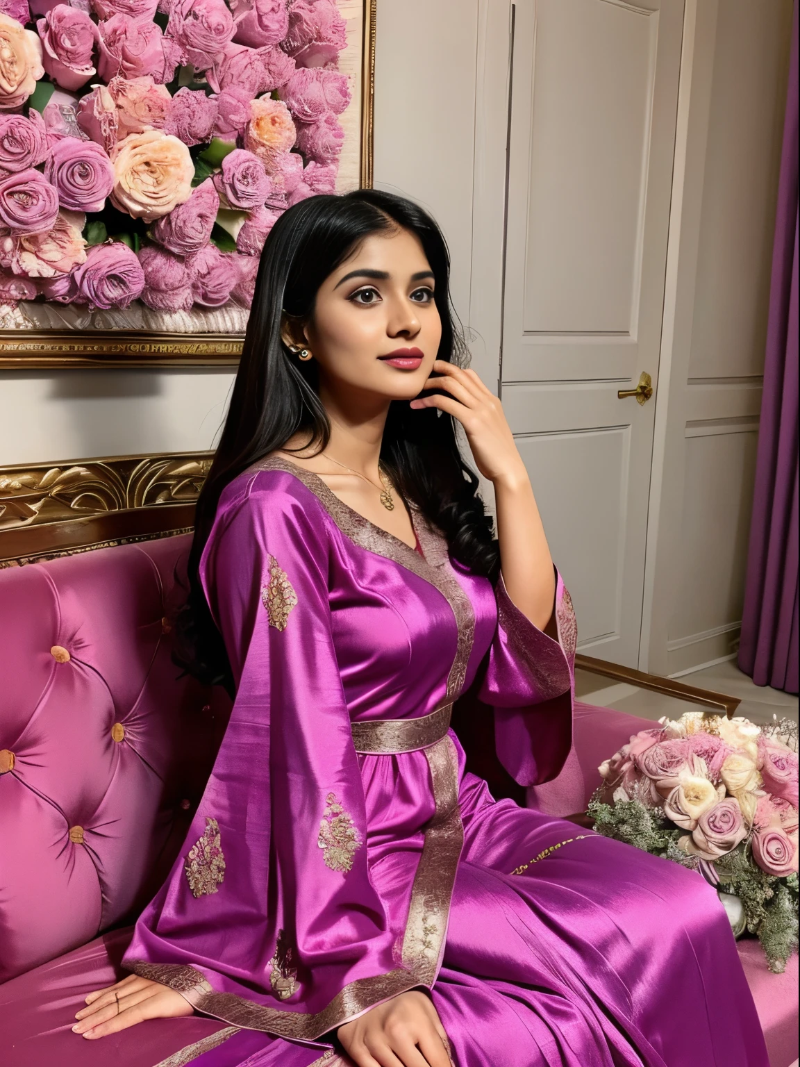 indian gujarati 26 year old girl, short height, slim body, silky straight open hair, sitting on a pink couch with a pink flower arrangement, indian dress, profile pic, garbed in a purple gown, full body photogenic shot, candid picture, with lovely look, wearing long gown, satin, wearing maroon long kurta salwar, profile picture, profile photo, profile image, full - view, very high quality picture, draped in purple