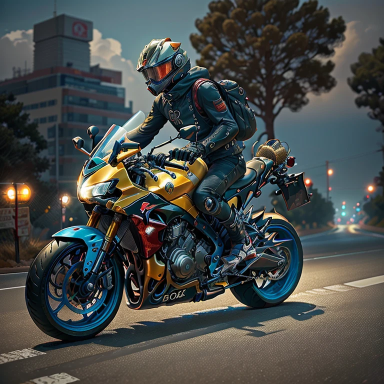 Honda CBR 1000R,Full Vision Mad Max CogPunkAI ,K core, ((amarela,preta,then ,azul))then, 4D , on the road with several trees