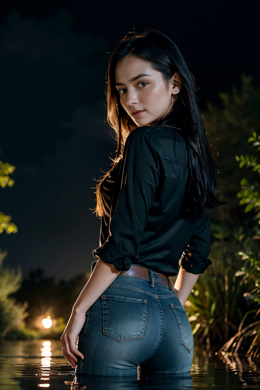 Dynamic frame, The woman, looks back at us, (drowning in a swamp:1.2), standingn, The frightened squirm, In jeans and blouse. Very sweaty face, strong blush, burning with shame.  Black Night Sky, Clouds, luna, woods, Strong emotions
