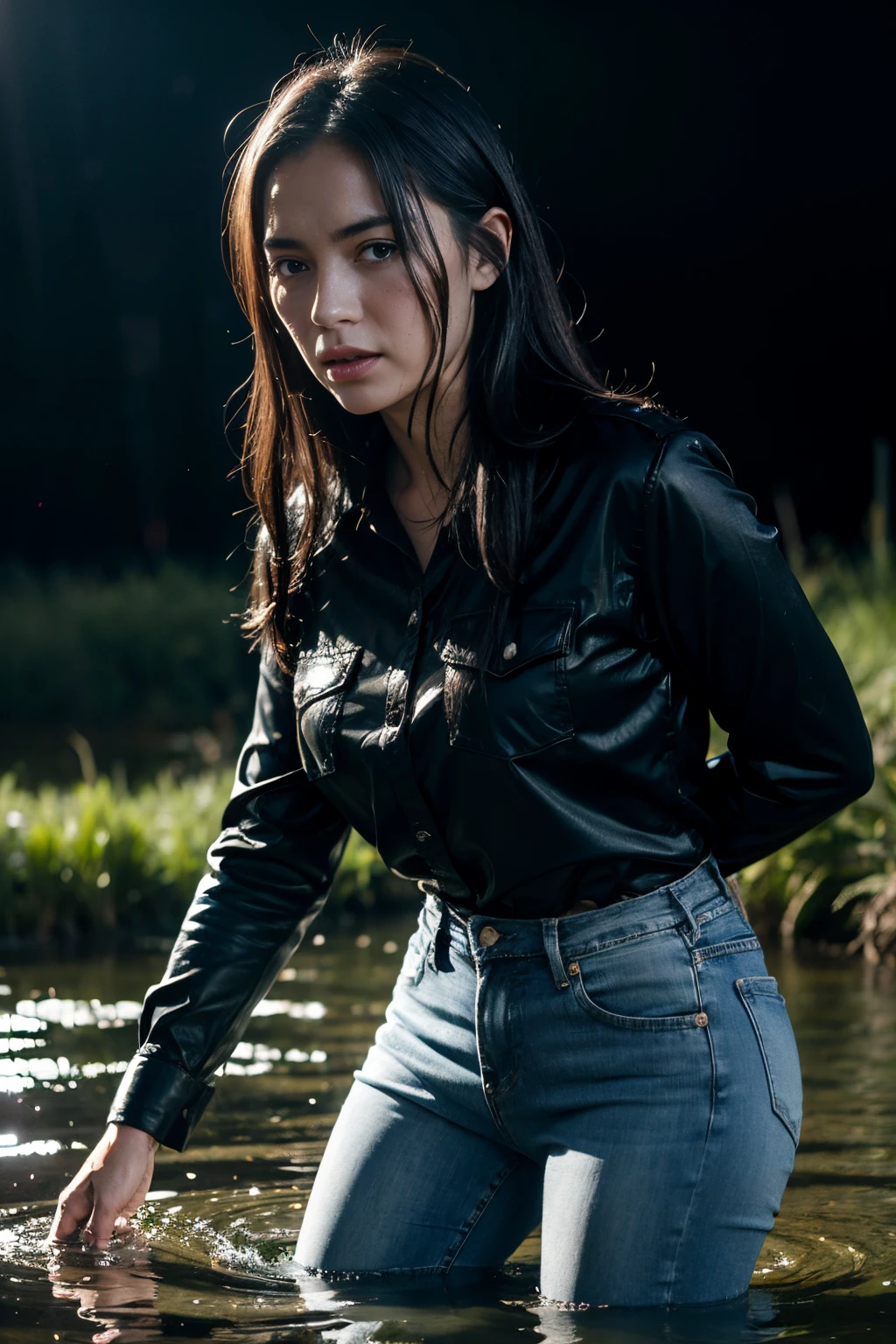 Dynamic frame, A disgraced woman, 50 years, despair, (drowning in a swamp), standingn , In jeans and blouse. Very sweaty face, strong blush, burning with shame. Black Night Sky, Clouds, luna, woods, fetish