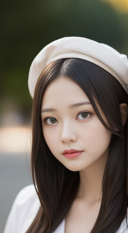 (1 girl in), extreamly cute, ((extremely detailed beautiful face)), , extremely detaild的 CG unified 8k wallpapers, The very detailed, High-definition RAW color photo, professional photoshooting, Realistic portraits, celebrity, cosmetics, hair straight, brunette, Transparent lace, sitted, , (Cap cap:1.3), Outdoor every)), Dazzling sun, 夏天, (((bokeh))), depth of fields, look from down
