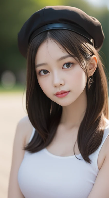 (1 girl in), extreamly cute, ((extremely detailed beautiful face)), , extremely detaild的 CG unified 8k wallpapers, The very detailed, High-definition RAW color photo, professional photoshooting, Realistic portraits, celebrity, cosmetics, hair straight, brunette, Transparent lace, sitted, , (Cap cap:1.3), Outdoor every)), Dazzling sun, 夏天, (((bokeh))), depth of fields, look from down