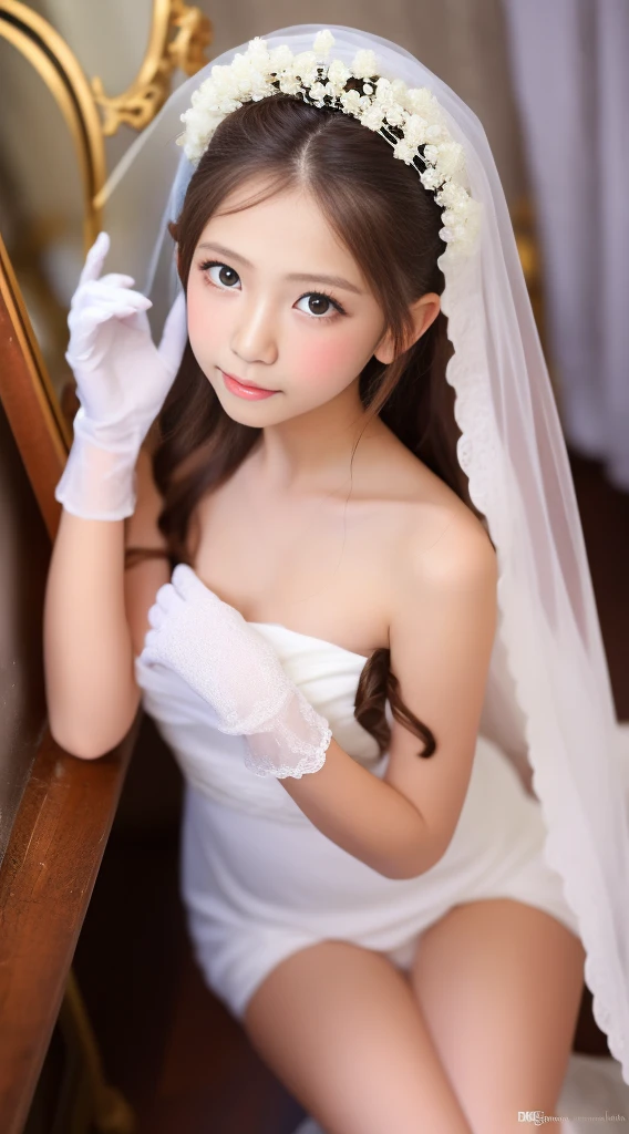 hight resolution、Top image quality、high-level image quality、top-quality、in 8K、Real live-action、Realistic、Raw photography、​masterpiece、masutepiece、profetional lighting、Realistic background、((13years))、、Two beautiful girls、、Cute *********** s、((Wedding))、white wedding dress、White Wedding Headdress、wedding veil、White Wedding Gloves、a baby face、The long-haired、Flushed cheeks、((closing eye))、Smaller chest 、thighs thighs thighs thighs、de pele branca、shiny lip、antique、Bedroom、Obscene content、Pornographic Graffiti、