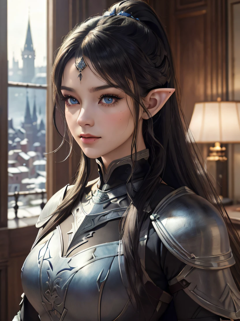 ((masterpiece、top-quality、ultra-detailliert、hight resolution、foco nítido、Photorealsitic、lighting like a movie))、Beautiful 40 year old female elf upper body portrait、bustshot、Focus from the chest up、Environments with complex details、Elegant person、elaborately patterned cloth cloak、Richly textured black leather armor and leggings、Delicately carved black plate armor、Bustling medieval cityscape and castle in the background、mystic atmosphere、Detailed background depiction、Deep sense of depth、tall、well-proportioned figure、A dark-haired、Hairstyle Ponytail、Seductive blue eyes、Sharp eyes、hyperdetailed face、Detailed ears、A detailed eye、Detailed hand depiction、Dynamic action、Look at viewers