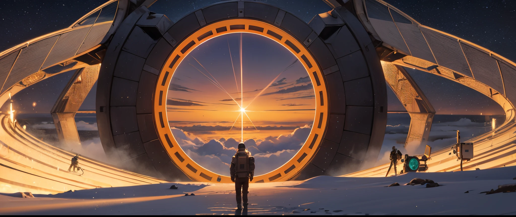 Ultra-wide bird's eye view vision Astronauts traveling through the stargate, back disappearing in the light. Clean and fine image with rich details, professional cinematic lighting, Hollywood sci-fi movie style, green-orange cinematic tones, tech sci-fi feel, ray tracing , HDR, 4K, -fps 30 -motion 10 --auto --s2