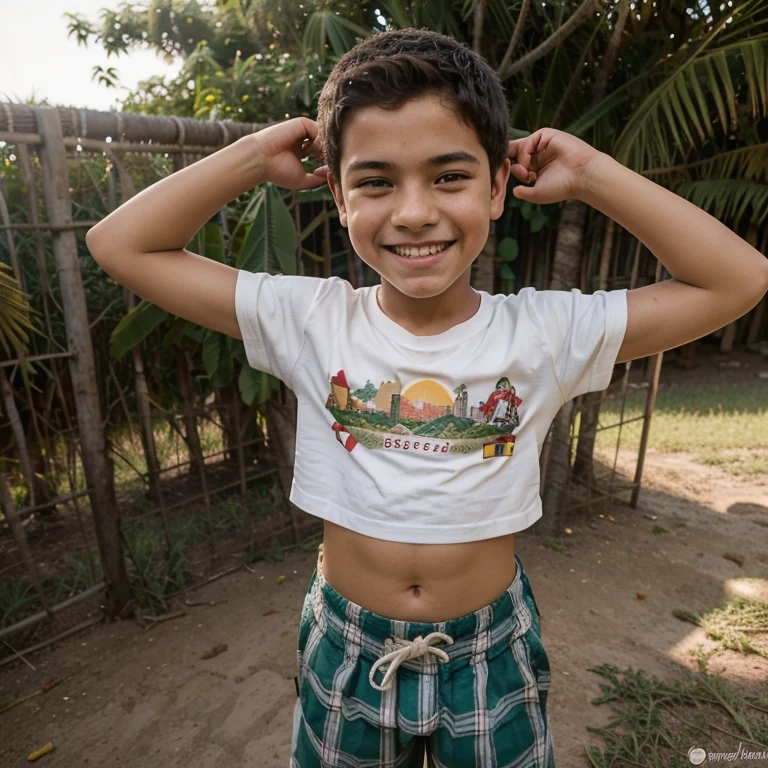 Um garoto loiro adolescente ao lado de um garoto ruivo de aproximadamente 8 anos, ambos sorrindo pra frente , usando uma bermuda cinza e uma regada branca, descalsos, se atacando em um lindo nascer do sol