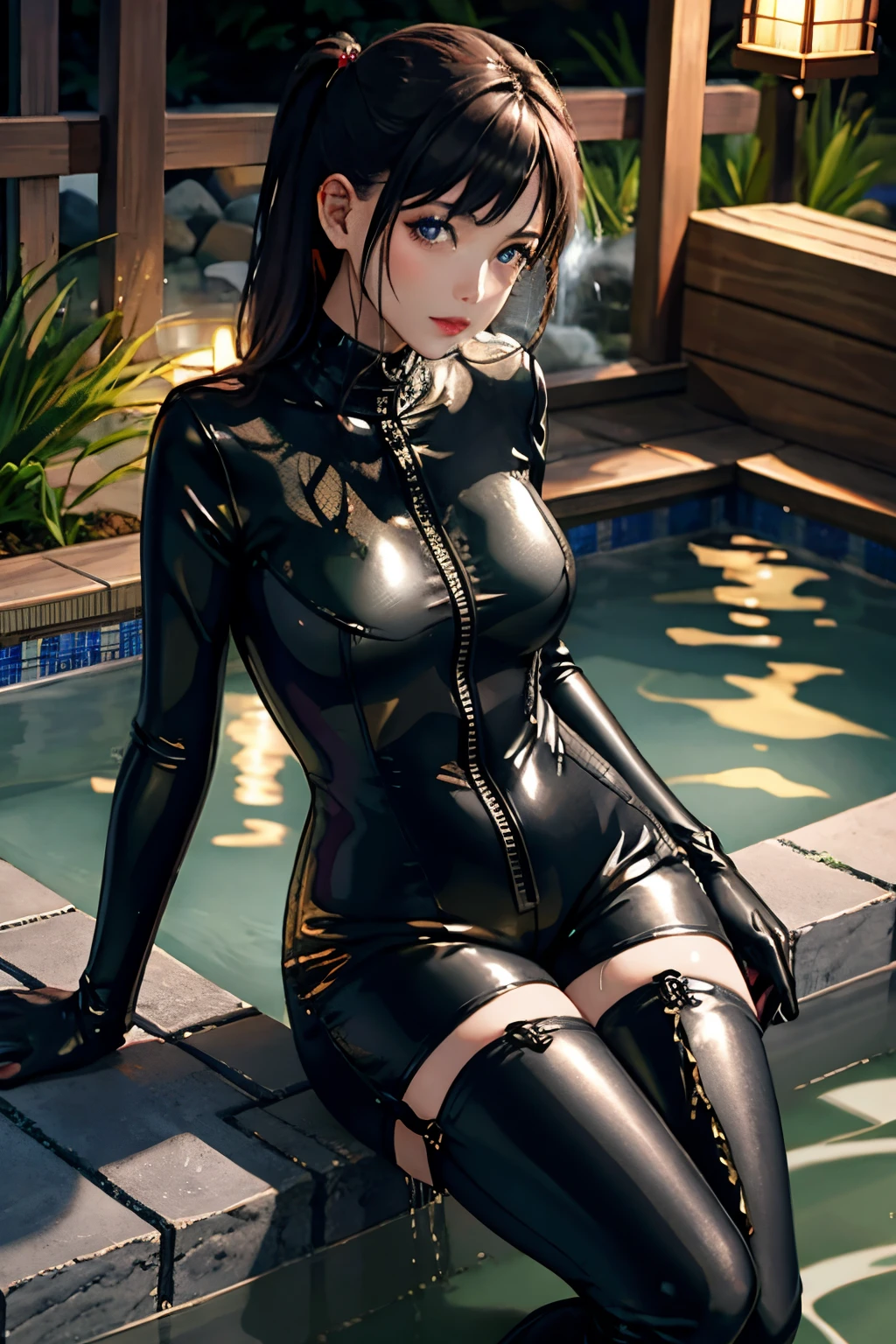 highres, beautiful women, high detail, good lighting, lewd, hentai, (((black leather catsuit shorts))), (((leather thigh high boots))), black leather gloves, bare thighs, bare arms, (((wetting herself))), (((peeing herself))), (((peeing self))), (pee streaming down legs), peeing stain, (puddle), (thick thighs), nice long legs, lipstick, detailed face, pretty face, embarrassed blushing face, humiliated, ((in outdoor onsen bathing)), hihelz