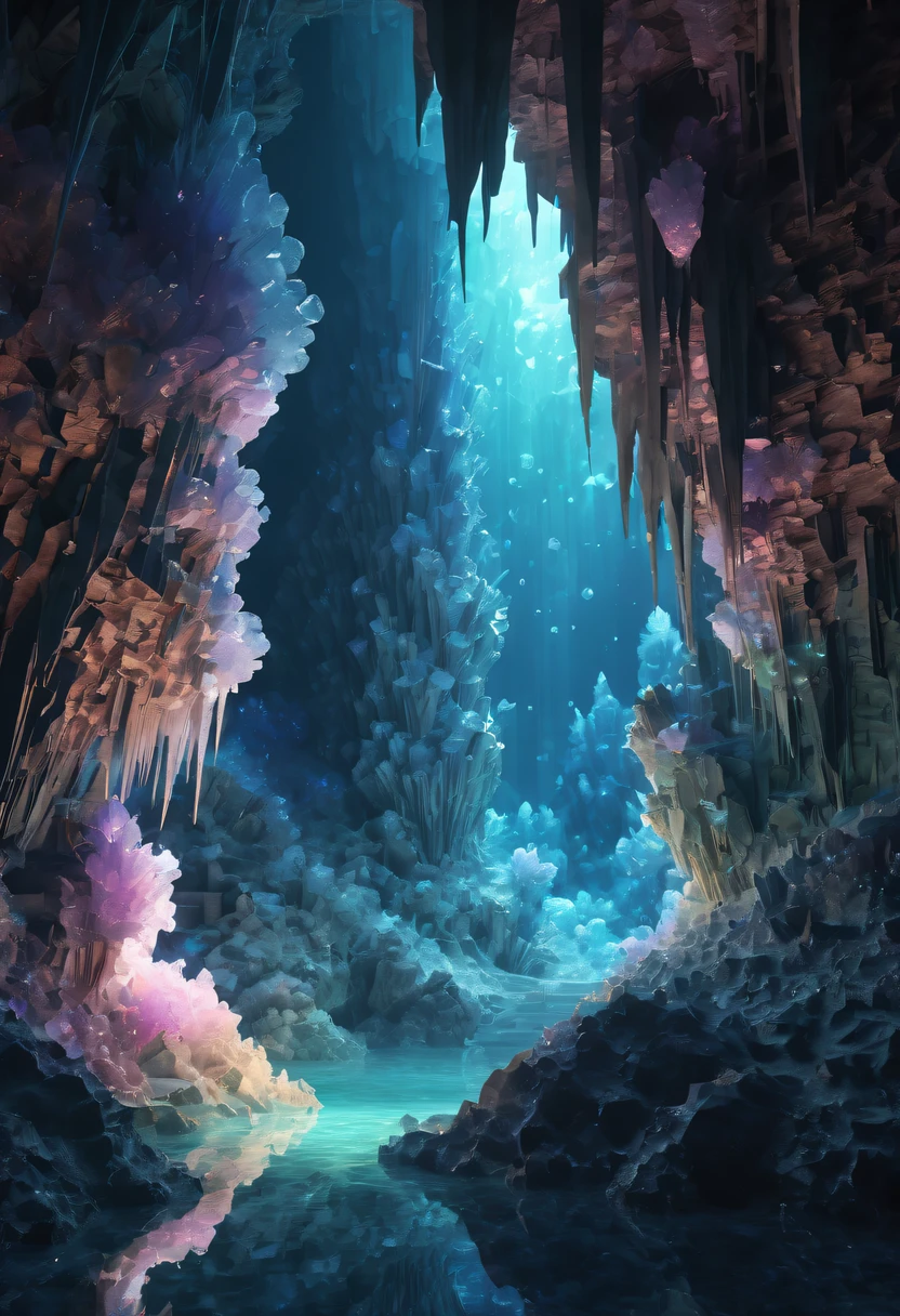 Fantasy cave walls made of mineral crystals,covered with precious crystals, crystal cluster, s fractal art,subsurface, exploration, Glowing crystal, fluorite crystal,associated mineral crystals , Enigmatic Atmosphere, Sparkling crystals, Natural Crystal, sparkling reflections, underground lake, Hidden treasure, mineral structure