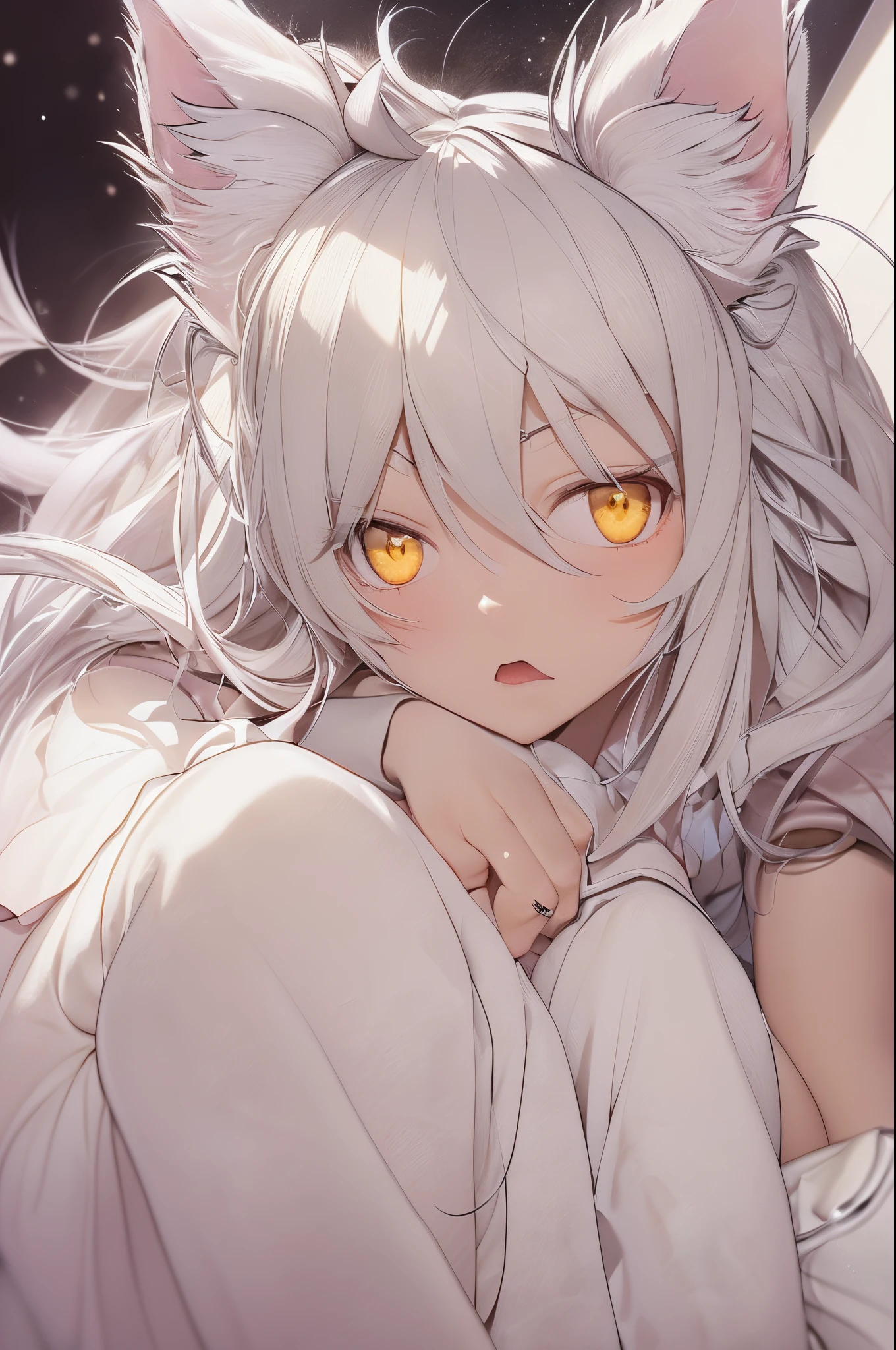 hightquality,(in 8K),Woman with white cat ears,Yellow Half-Eye, White sleepwear,White hair,(Mischievous 1 girl),deadpan,depth of fields,(Night time),Colossal tits,in a house,Monogatari Series
