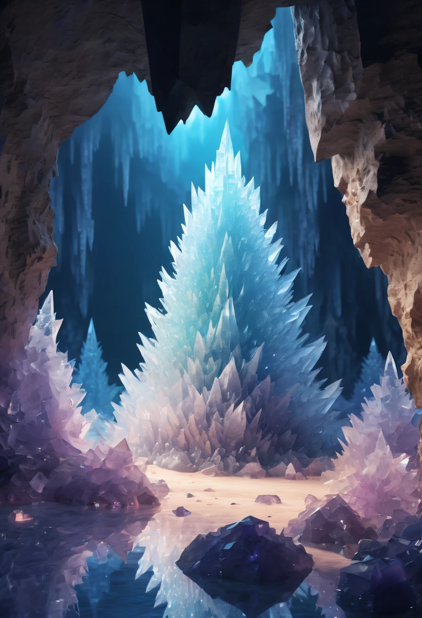 Fantasy cave walls made of mineral crystals，covered with precious crystals, crystal cluster， s fractal art，subsurface, exploration, Glowing crystal, fluorite crystal,associated mineral crystals , Enigmatic Atmosphere, Sparkling crystals, Natural Crystal, sparkling reflections, underground lake, Hidden treasure, mineral structure