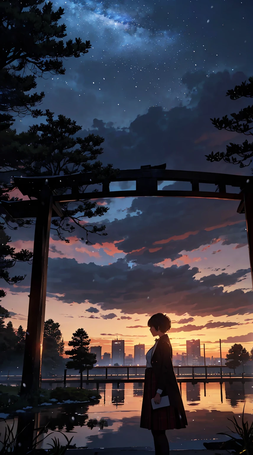 ((masterpiece)), ((top-quality)), (hight resolution), (extremely detailed CG unified 8k wallpaper),(Near and far law),(beautiful night scene:1.4),(projected inset),(((very dark background))),depth of field,(Midnight:1.4),midwinter,(cloudy ash sky:1.2),(Detailed Shinjuku Gyoen National Garden), (In the midst of falling snow:1.4),(from behind),((Chilling Wind)),(Large snow:1.4),((Wear a long coat)),(Standing in the detailed Shinjuku Gyoen National Garden 1.4),TOKYOcty,Shinjuku,Shinkai Makoto style,(Garden of Words:1.3),(Loud shouting gesture:1.4),((Put your hands on your chest)),Black pantyhose,((Detailed distant cityscape)),Residential area,condominium,apartament,looking at the city,serene ambiance.(Pixie Cut),Hair in the ears,Profile of the character,1 cute high school girl,(large full breasts:1.2),Cute Uniform,Long skirt with red plaid pattern,sleeveless,Photorealsitic,Background Focus,Panoramic shooting,f/2.8,35m,Beautiful lighting,光线追踪
