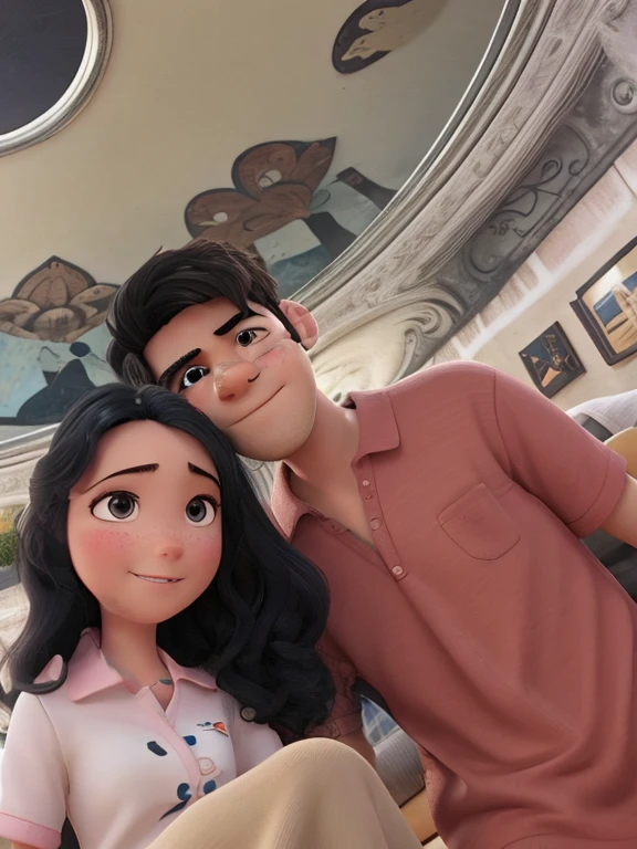Imagen estilo pixar de una pareja con el fondo de un arte del renacimiento, la chica tiene el cabello negro y piel blanca, y los ojos chinos, esta sonriendo y tiene una blusa color beige, el chico tiene el cabello color negro, tiene la piel color mestizo, el chico lleva una camiseta color palo rosa