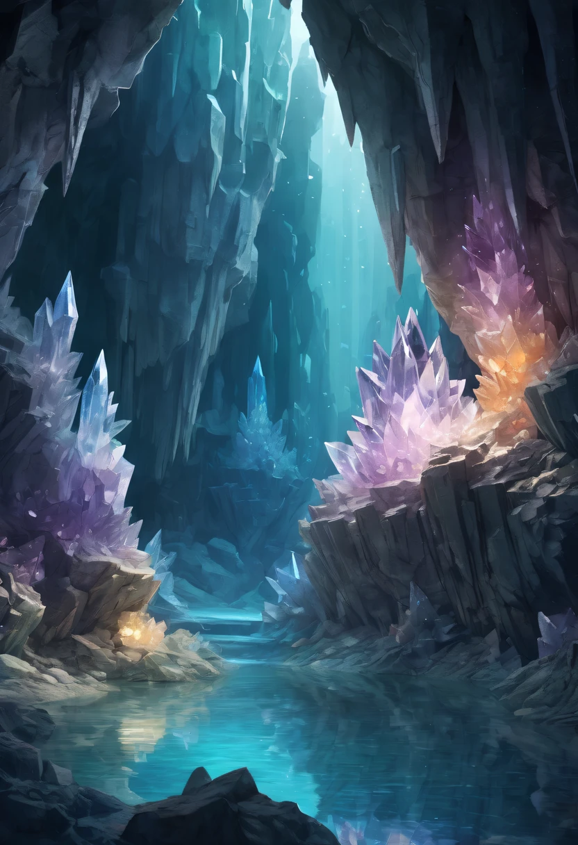 Fantasy cave walls made of mineral crystals，covered with precious crystals, crystal cluster，subsurface, exploration, Stibnite crystals，Glowing crystal, fluorite crystal,associated mineral crystals , Enigmatic Atmosphere, Sparkling crystals, Natural Crystal, sparkling reflections, underground lake, Hidden treasure, mineral structure，(Best quality at best，ultra - detailed，Best Best Illustration，The best shadow，tmasterpiece，A high resolution，），hyper realisitc，