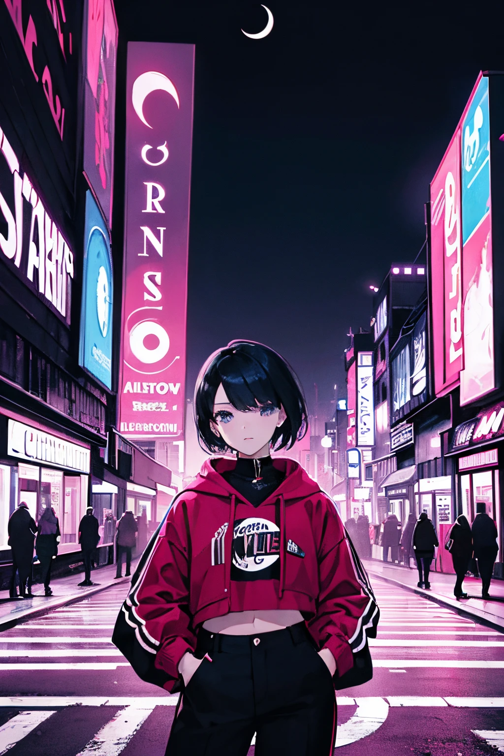 A woman standing on a city street at night with a neon sign - SeaArt AI