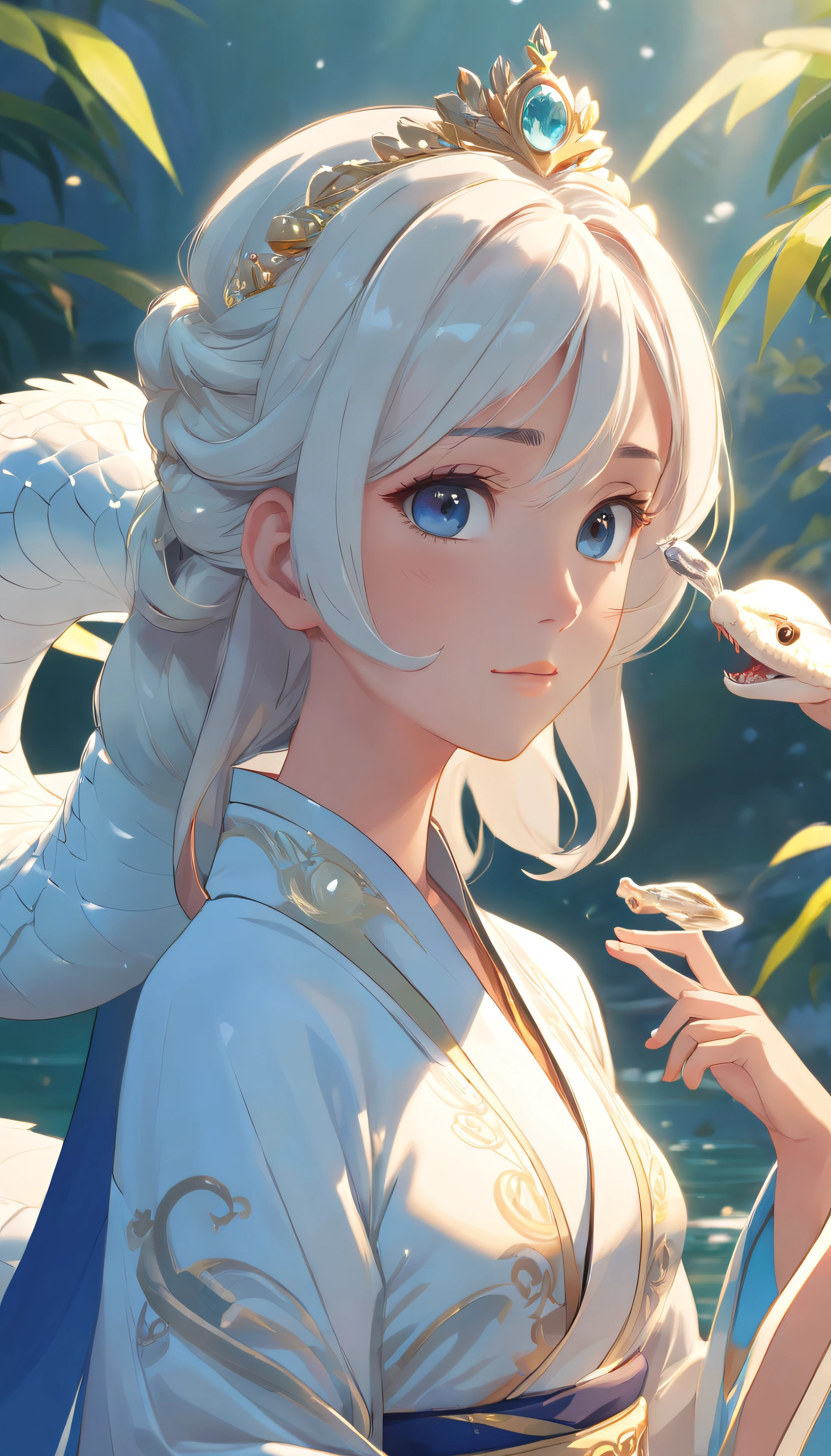 Pixar style super cute anthropomorphic white snake, wearing a hanfu,A crystal crown worn on his head, Eternal, Charming big eyes, Cute tail, Eternal, Surreal, Super fine, posh, Graceful standing, Charming big eyes, Cute tail, Eternal, Surreal, ultra - detailed, posh, Elegant, Complex, A gorgeous one, illusory engine, Octagonal rendering, 8K, VRAY hyper reality