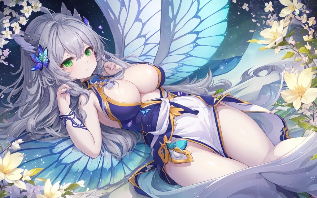 ((tmasterpiece)), (((Best quality at best))), ((The  very detailed)), Colorful, HighDynamicRange, 1个Giant ?????? Girl, Alone, The upper part of the body, with gray hair,Green eyes, luotianyi (xiachong),xiachong, Black and purple dreslue butterflies), White butterfly wings