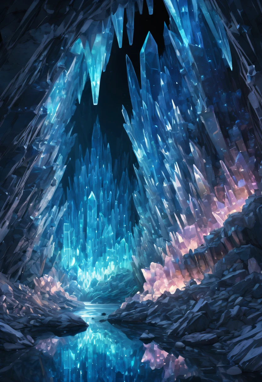 Fantasy cave walls made of mineral crystals，covered with precious crystals, crystal cluster，subsurface, exploration, Stibnite crystals，Glowing crystal, fluorite crystal,associated mineral crystals , Enigmatic Atmosphere, Sparkling crystals, Natural Crystal, sparkling reflections, underground lake, Hidden treasure, mineral structure，(Best quality at best，ultra - detailed，Best Best Illustration，The best shadow，tmasterpiece，A high resolution，），hyper realisitc，