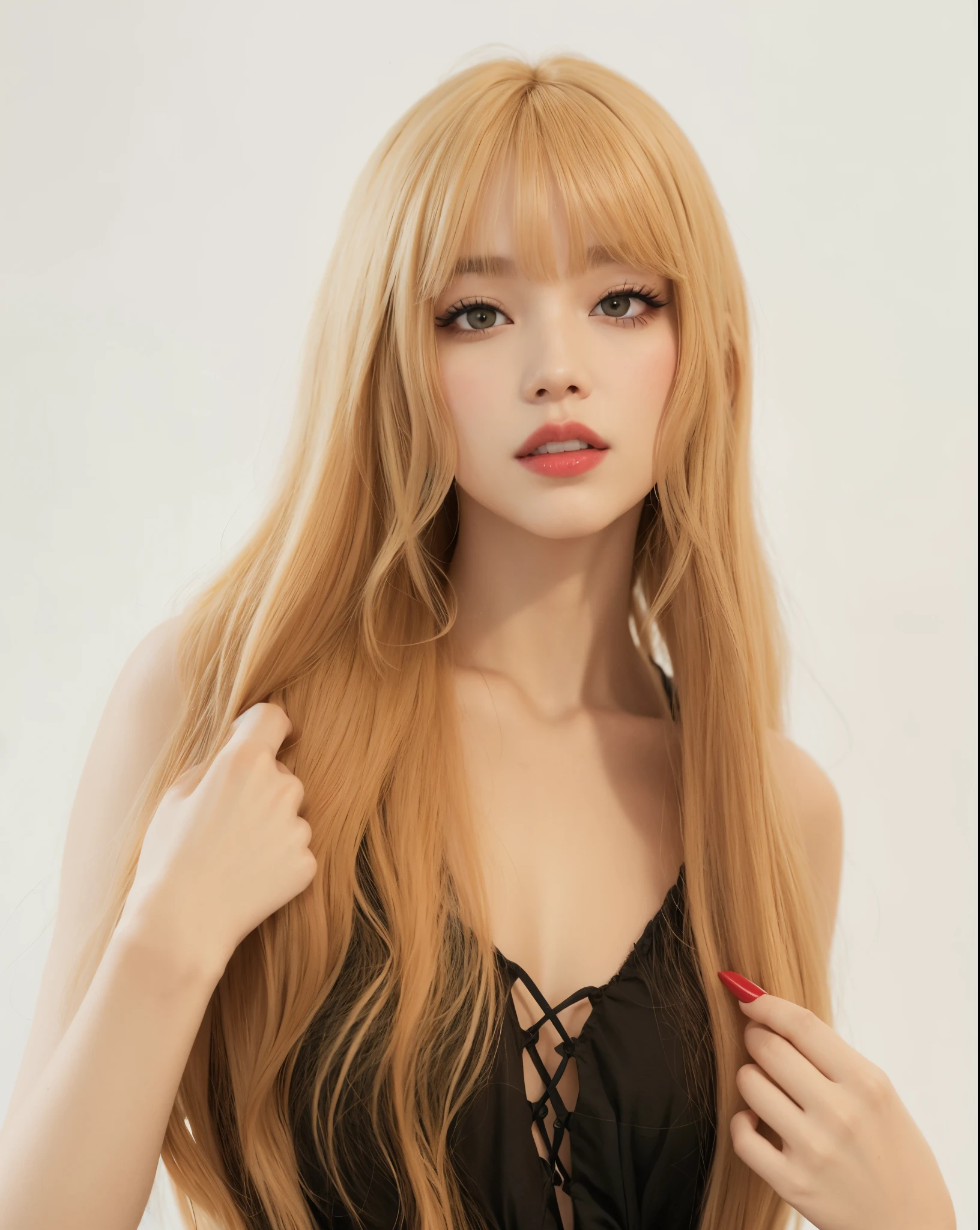 A close-up of a woman with long blonde hair and a red lipstick, Cabello largo con flequillo completo, Lalisa Manobal, Pelo largo con flequillo, Lalisa Manoban de Blackpink, flequillo largo y recto, brown long hair with bangs, con flequillo completo, Parque Roseanne de Blackpink, Cabello largo y blanco y flequillo, Flequillo largo, con flequillo, El Corte Hime