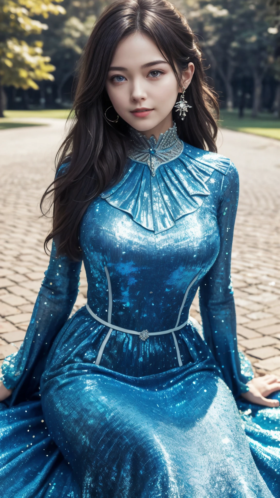 masterpiece, best quality, 1girl, solo, perfect face, looking at viewer, very beautiful dress, blue dress, shining:1.5, outside in the park with lake, attractive poses, sitting,