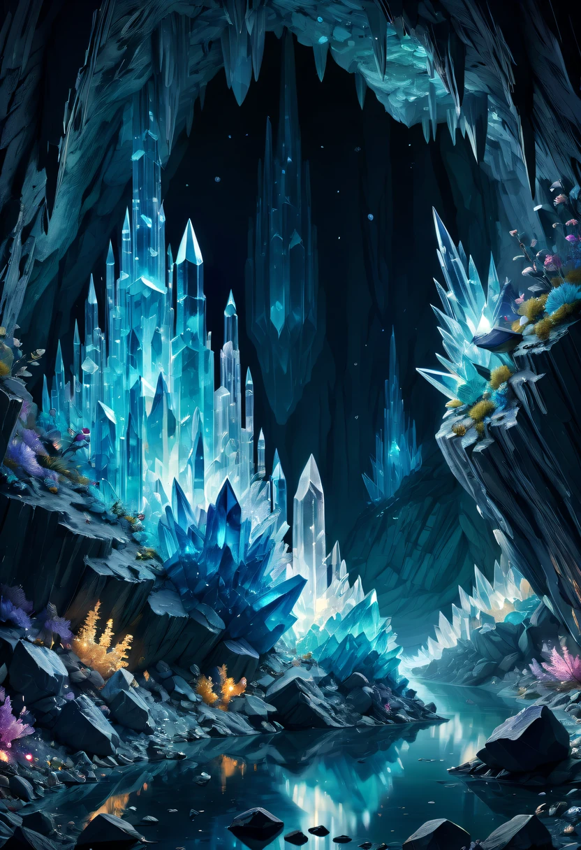 Fantasy cave walls made of mineral crystals，covered with precious crystals, crystal cluster，subsurface, exploration, Stibnite crystals，Glowing crystal, fluorite crystal,associated mineral crystals , Enigmatic Atmosphere, Sparkling crystals, Natural Crystal, sparkling reflections, underground lake, Hidden treasure, mineral structure，(Best quality at best，ultra - detailed，Best Best Illustration，The best shadow，tmasterpiece，A high resolution，），hyper realisitc，