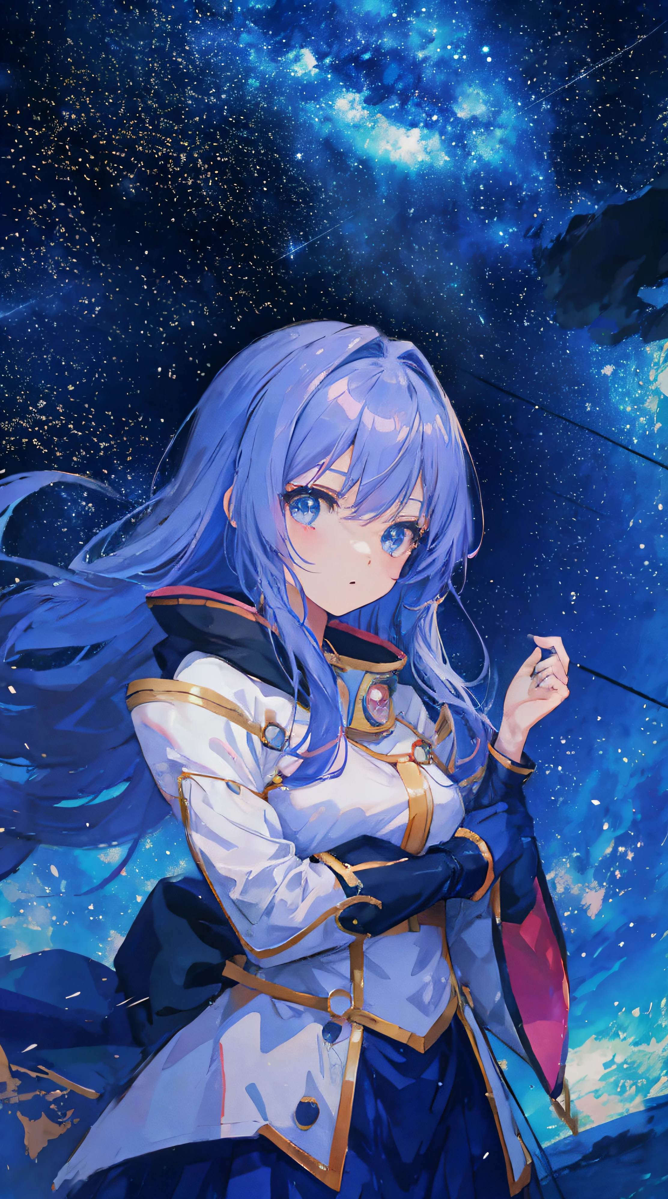 Anime girl looking at the stars in the sky, girl looks at the space, Cosmic hair anime girl, girl in space, As estrelas(sky sky) starrysky_sky sky, against the background of the Milky Way, in a starry space, near a galaxy, Anime art wallpaper 8K, shooting star in background, Stars in the sky, anime rapunzel girl, space sky