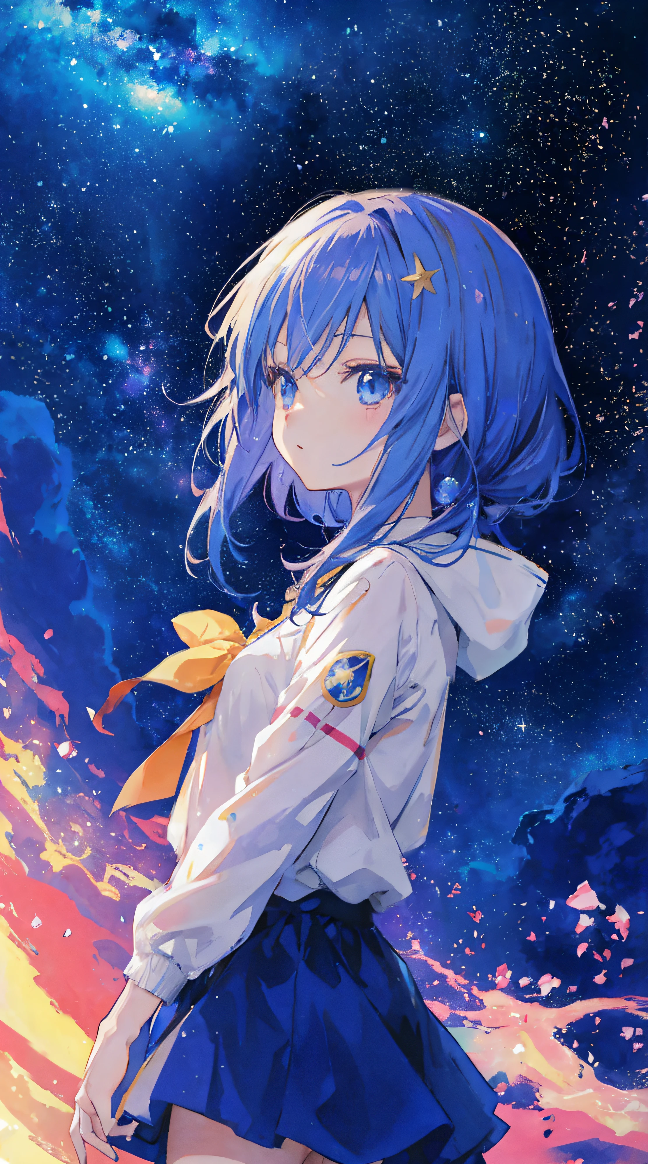 Anime girl looking at the stars in the sky, girl looks at the space, Cosmic hair anime girl, girl in space, As estrelas(sky sky) starrysky_sky sky, against the background of the Milky Way, in a starry space, near a galaxy, Anime art wallpaper 8K, shooting star in background, Stars in the sky, anime rapunzel girl, space sky