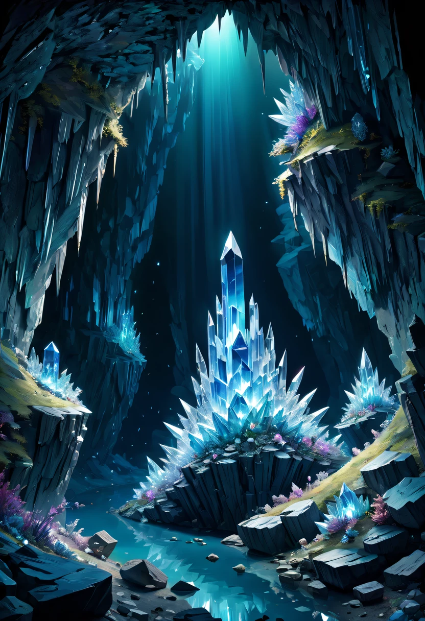 Fantasy cave walls made of mineral crystals，covered with precious crystals, crystal cluster，subsurface, exploration, Stibnite crystals，Glowing crystal, fluorite crystal,associated mineral crystals , Enigmatic Atmosphere, Sparkling crystals, Natural Crystal, sparkling reflections, underground lake, Hidden treasure, mineral structure，(Best quality at best，ultra - detailed，Best Best Illustration，The best shadow，tmasterpiece，A high resolution，），hyper realisitc，