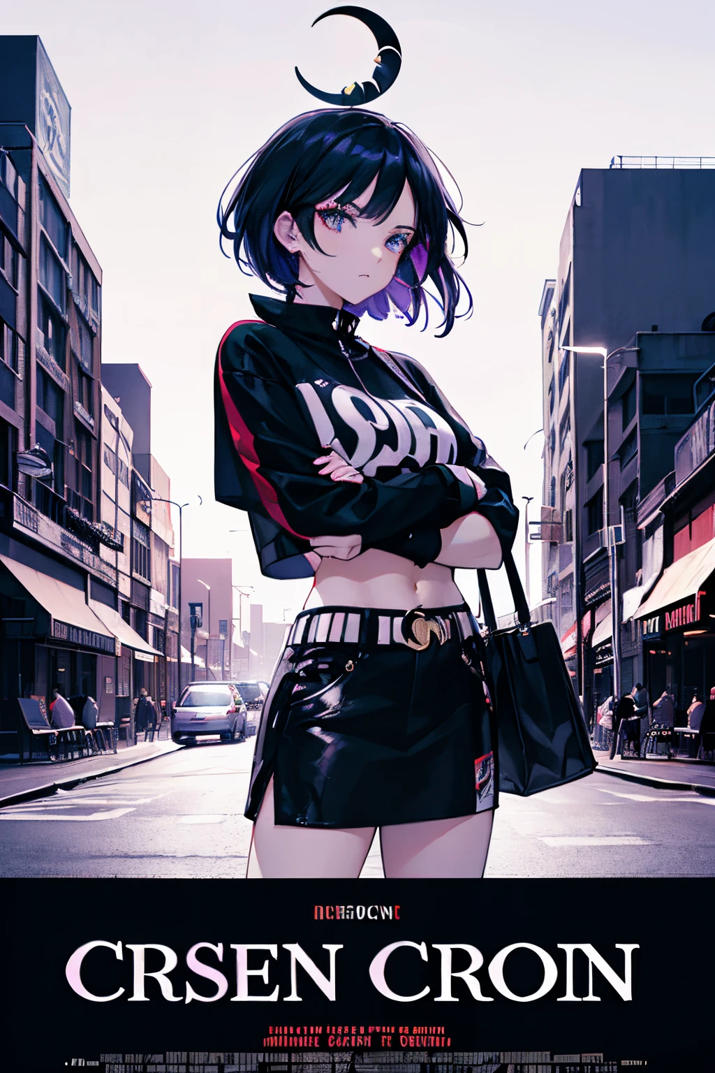 (Crescent moon in the background),Movie Poster Style, Specific text, Strong color contrast, Stunning composition, bold and trendy, , which are full of confidence, street scene,english text, Bold fashion,Confident attitude,Women's Empowerment,Street style, Fashion,bold typography,high,Contrast Color, Clothing,Eye-catching composition,The atmosphere of the cityscape,