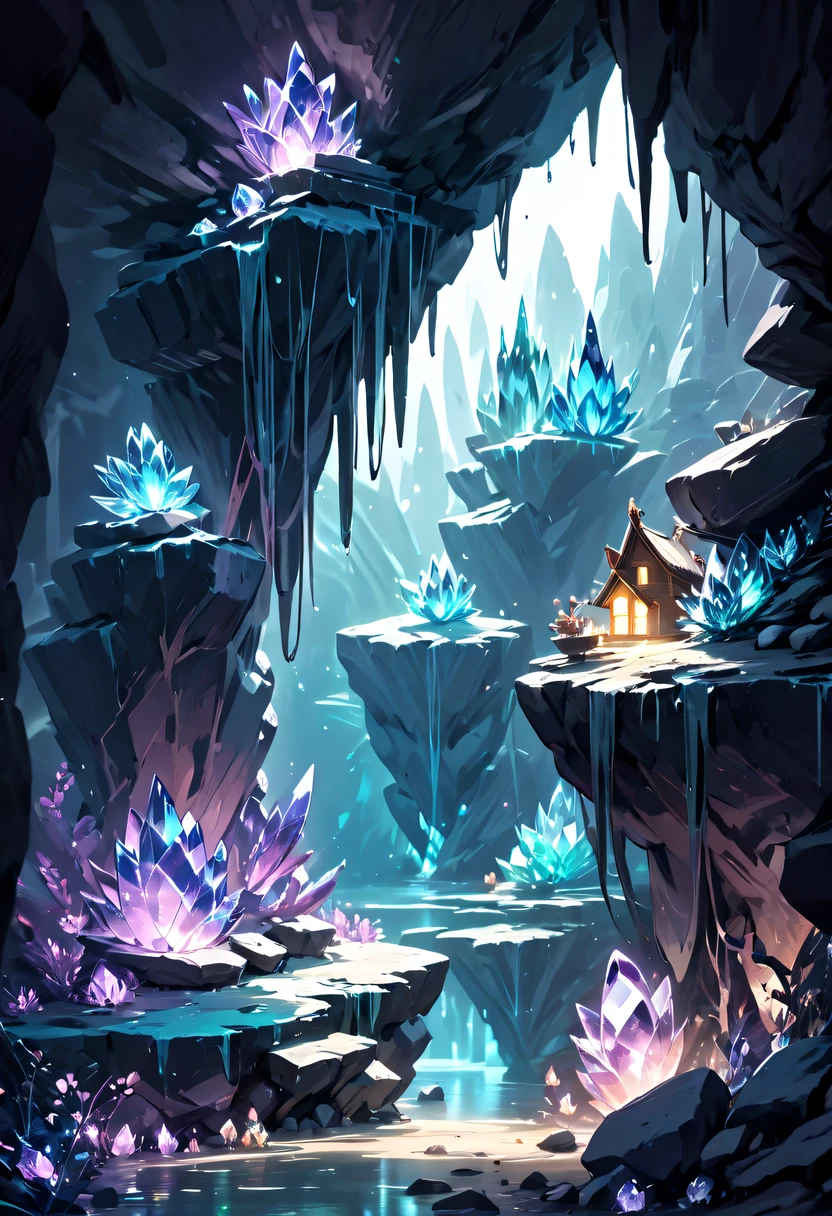 Fantasy cave walls made of mineral crystals，covered with precious crystals, crystal cluster，subsurface, exploration, Stibnite crystals，Glowing crystal, fluorite crystal,associated mineral crystals , Enigmatic Atmosphere, Sparkling crystals, Natural Crystal, sparkling reflections, underground lake, Hidden treasure, mineral structure，(Best quality，ultra - detailed，Best Best Illustration，The best shadow，tmasterpiece，A high resolution，），hyper realisitc，