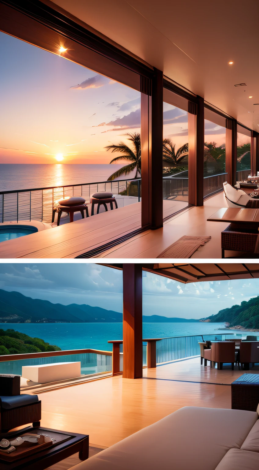 hotel de luxo, caro, de frente para o mar, comodidades de alta qualidade, Grande arquitetura, panoramic sea view, praias imaculadas, design de interiores requintado, world class service, opulent decorations, luxury suites, stunning seafront terrace, spa e centro de bem-estar exclusivo, restaurantes gourmet, exquisite dining experiences, private yacht and helicopter services, state-of-the-art facilities, impeccable attention to detail, Exceptional customer satisfaction, comodidades premium, sophisticated elegance, atmosfera tranquila, piscina infinita em cascata, praias de areia beijadas pelo sol, breath-taking sunset, personalized concierge services, extensa adega, elegant cocktail bar, entretenimento ao vivo, boutiques de compras de luxo, prestigious location, prestigious guests, remarkable hospitality, Unforgettable Experiences. (best quality, Altas), (Realistic), cores vibrantes, soft natural lighting