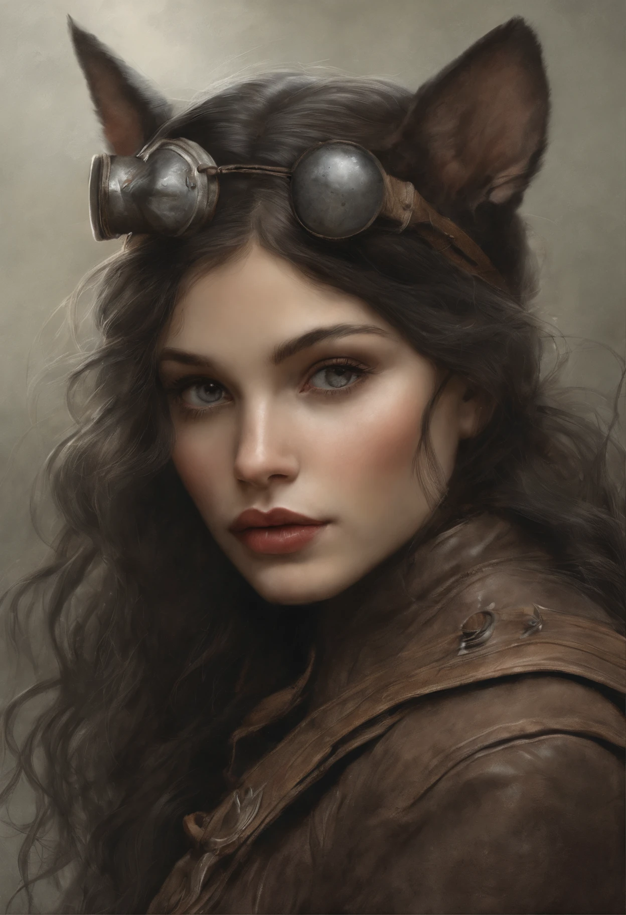 真实感, dark fantasy style, John Tolkien style, Small painting by Jean-Baptiste Monge, Soft facial features,Rocker Girl, Human Hand, Very clear, Without flaws, five fingers, with bright makeup, Modern style, a little full, fat, slight excess weight, Average height, dark pink lips,  lip shape"bow" ,"Cool eyebrows in the shape of Angryburts, light gray eyes, large almond-shaped eyes, looking at away, black long wavy hair,  strands of hair fluttering in the wind ,wearing jeans, in a leather jacket, wearing boots..., Standing next to a motorcycle, early morning, The city, megalopolis, Jean-Baptiste Monge, anthropomorphic --ar 2:3 --testp -optimistic;