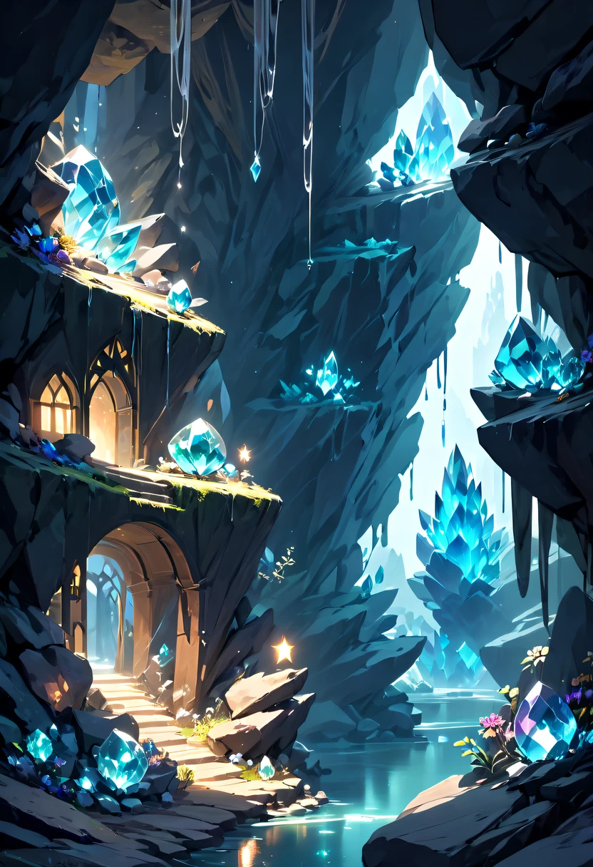 Fantasy cave walls made of mineral crystals，covered with precious crystals, crystal cluster，subsurface, exploration, Stibnite crystals，Glowing crystal, fluorite crystal,associated mineral crystals , Enigmatic Atmosphere, Sparkling crystals, Natural Crystal, sparkling reflections, underground lake, Hidden treasure, mineral structure，(Best quality，ultra - detailed，Best Best Illustration，The best shadow，tmasterpiece，A high resolution，），hyper realisitc，