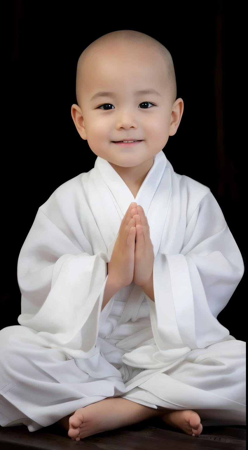 Arabid baby wearing a white robe and sitting on a black surface,  dressed as a nun, wearing a white robe, Wearing a long white toga, wearing a white robe!, blessing hands, wearing a white robe, wearing a white robe, young wan angel, Innocence, portrait shooting, wearing white silk robe, Dressed in robes, a serene smile, closeup portrait shot, white daoist robes